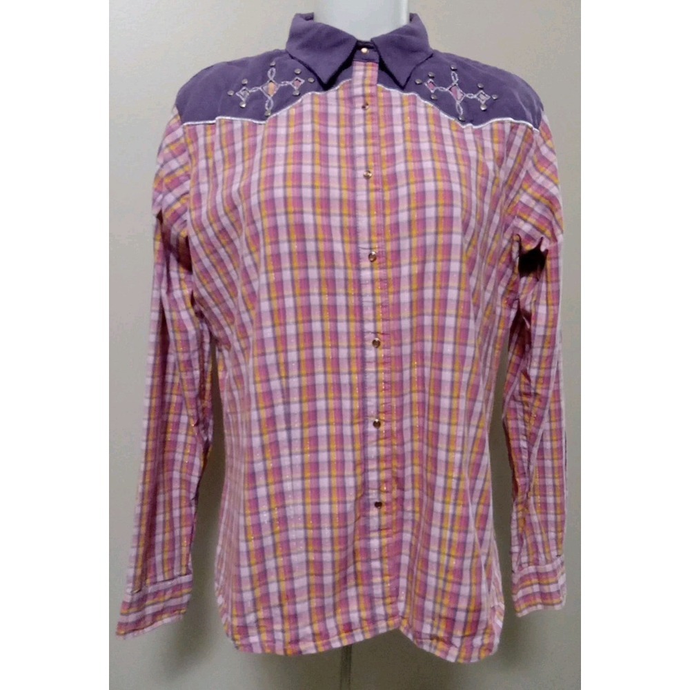 Wrangler Women Pink Purple Multicolor Plaid Western Collared Button Shirt Size L